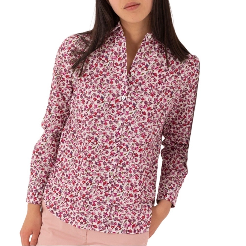 NWT BROOKS BROTHERS Red Floral Button Down Ruffle Tuxedo Neck Size 2